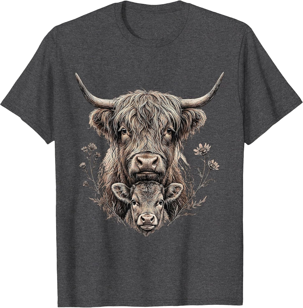 Baby Highland Cow Hiding Behind Mother Graphic T-Shirt - Dark Heather Grey