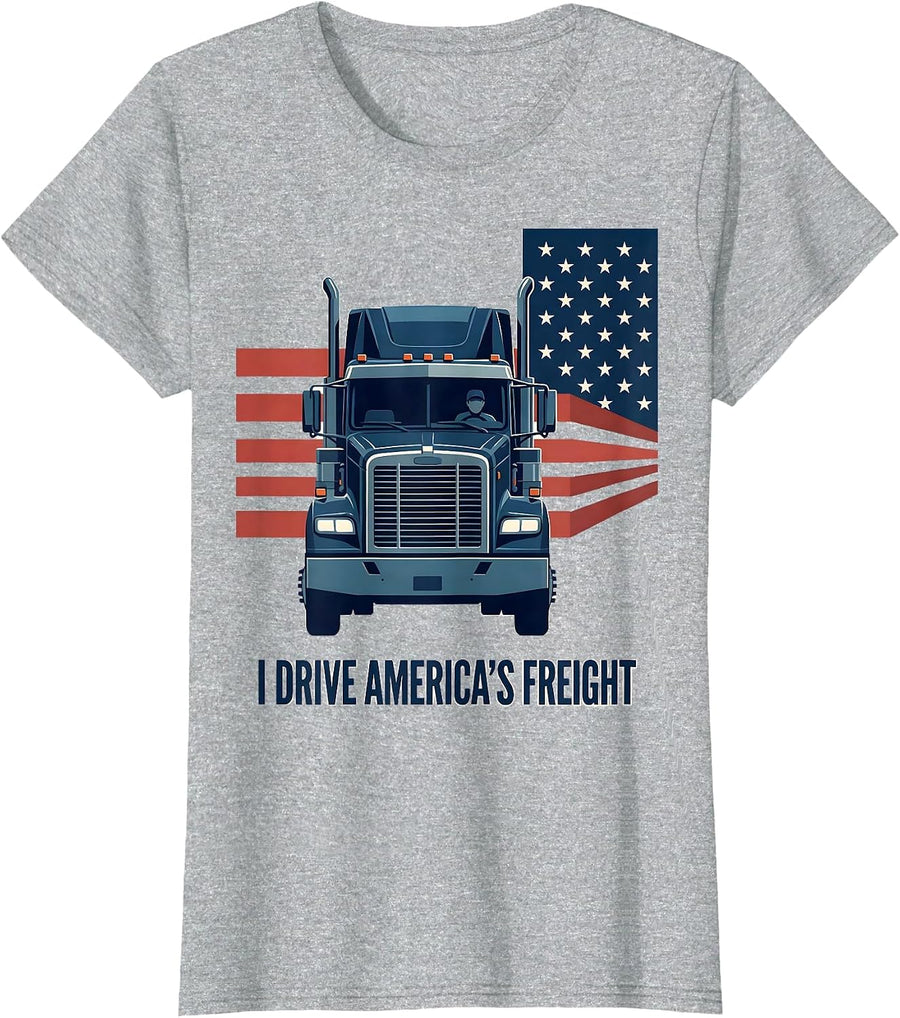 I Drive America's Freight Patriotic Semi Truck Driver T-Shirt - Heather Grey