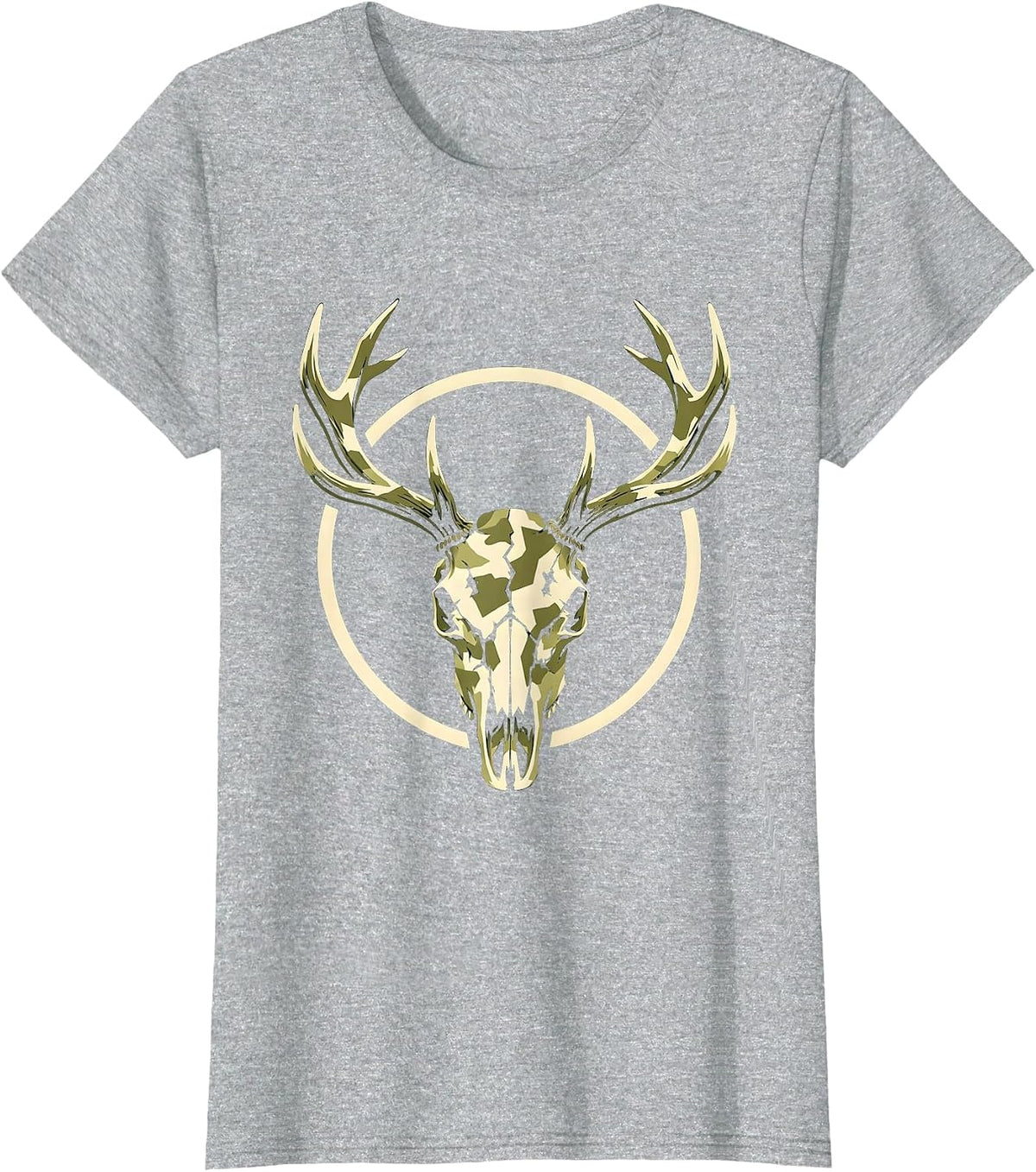 Women's Camo Elk Skull Antler Crown Graphic Tee T-Shirt - Heather Grey