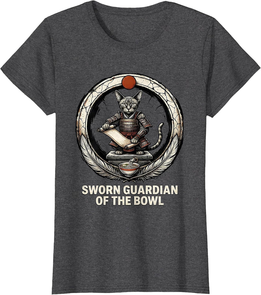 Women's Sworn Guardian of the Bowl Distressed Cat Kaiju Monster T-Shirt - Dark Heather Grey