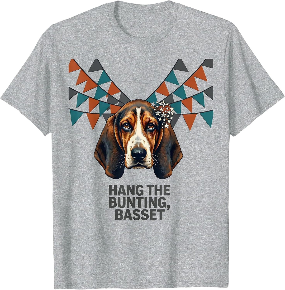 Men's Hang The Bunting, Basset Midcentury Modern Patriotic Dog T-Shirt - Heather Grey