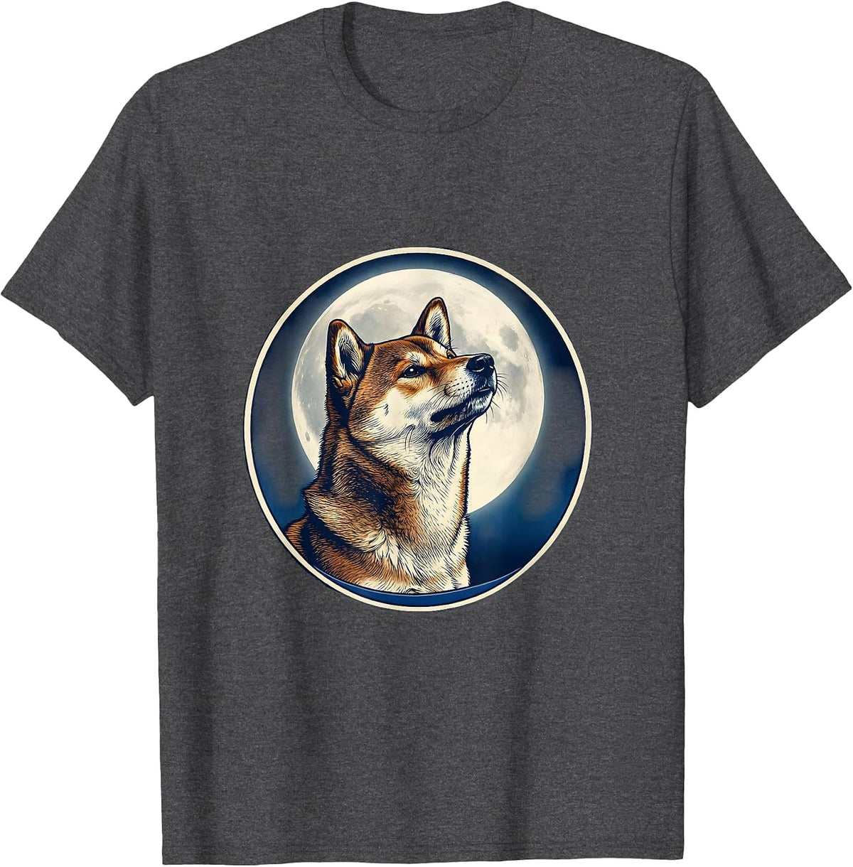 Shiba Inu Howling at the Moon Ukiyo-e Retro Dog Owner T-Shirt - Dark Heather Grey