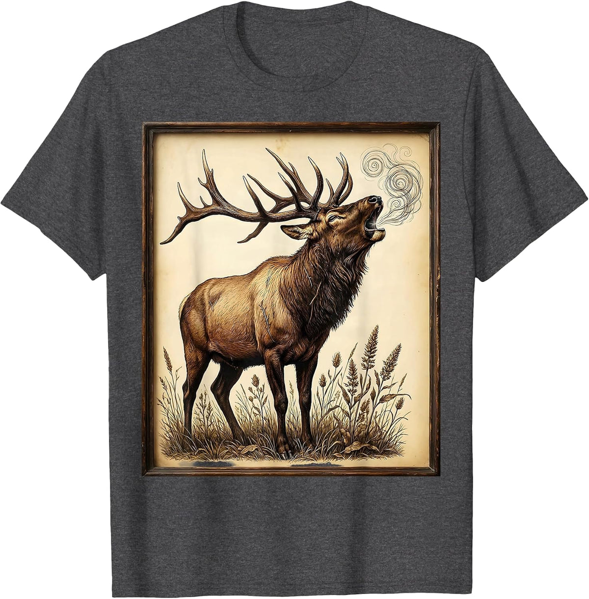 Elk Bugling in the Wild Breath Fog Illustration T-Shirt - Dark Heather Grey