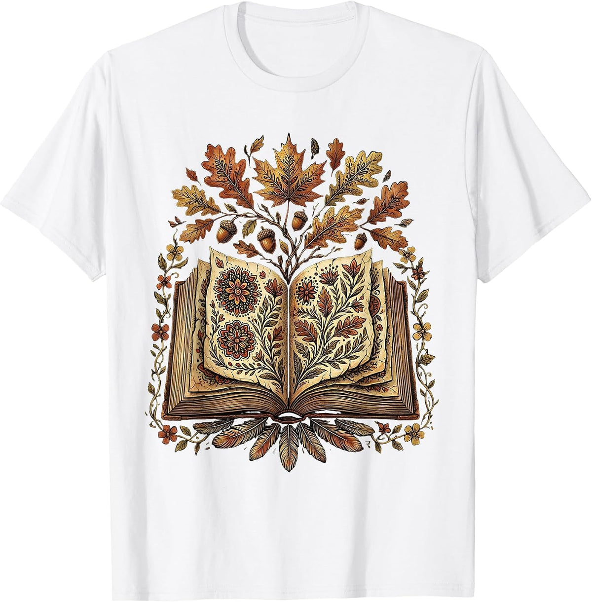 Men's Teacher Fall Open Book Leaves Illustration T-Shirt - White