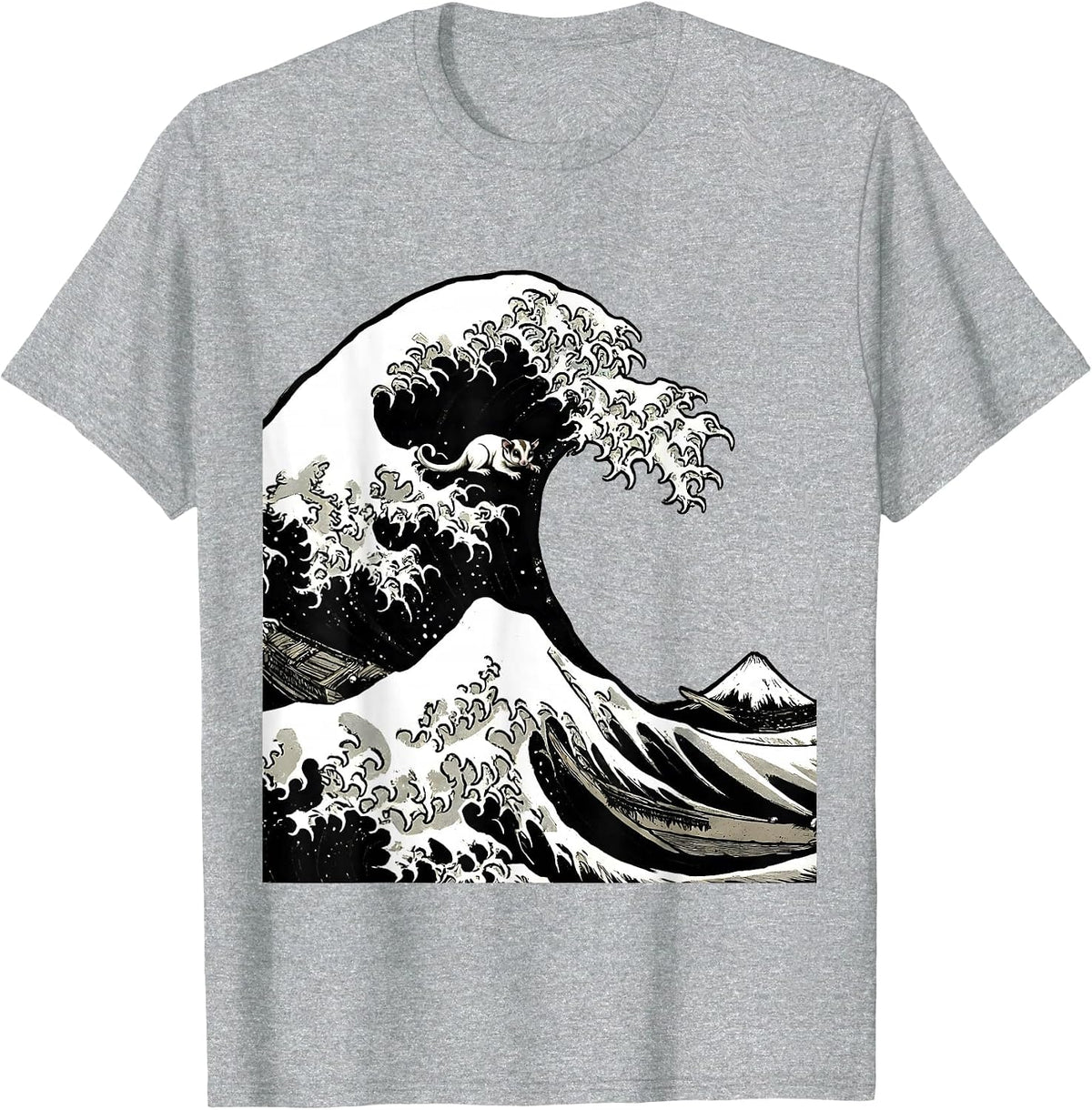 Men's Great Wave Kanagawa Sugar Glider Scratchboard Humor Animal T-Shirt - Heather Grey