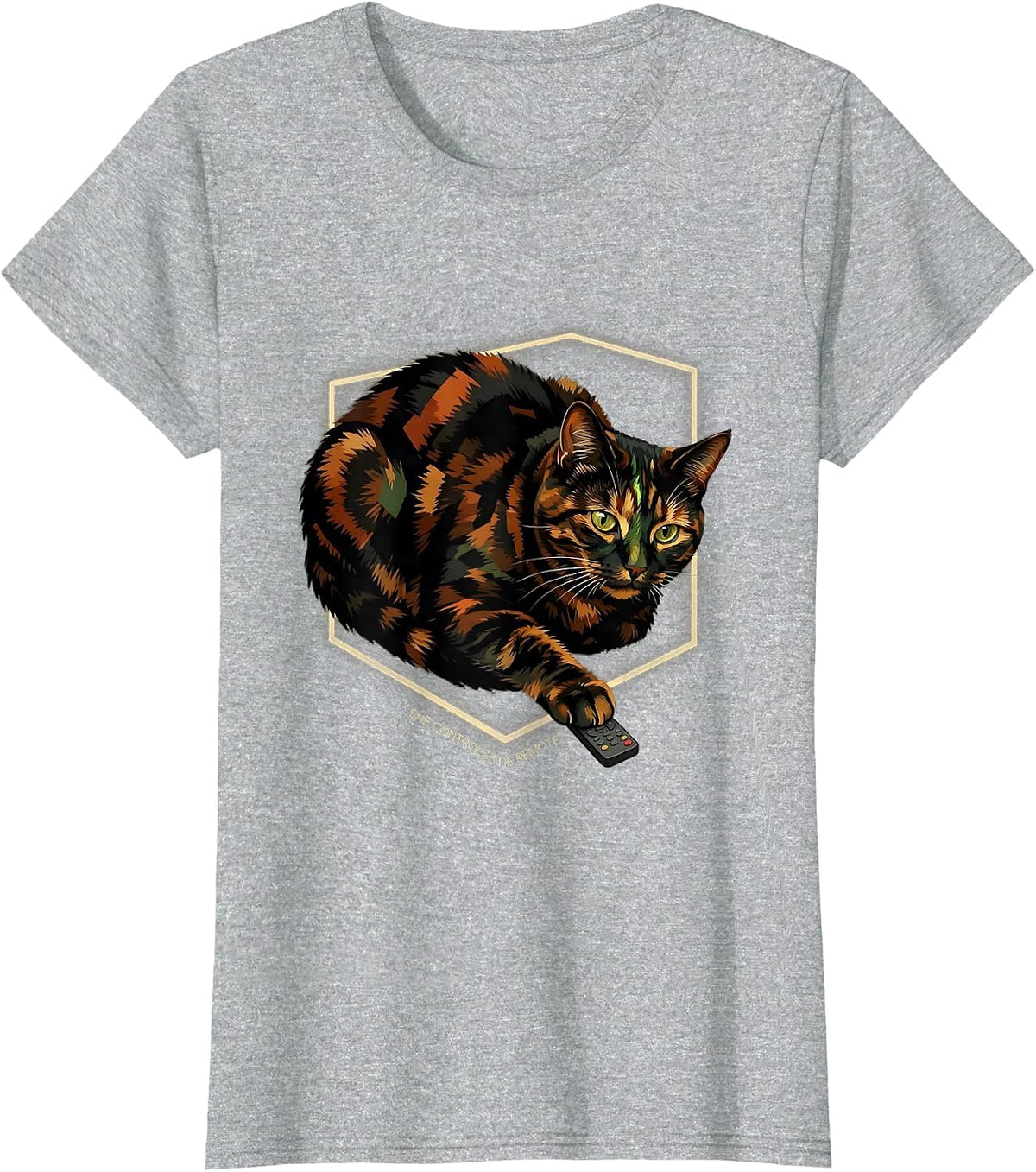 She Controls The Remote Funny Tortie Cat Owner Humor T-Shirt - Heather Grey