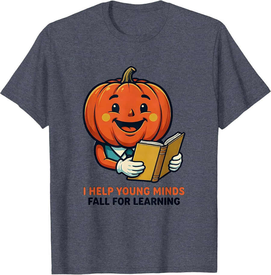I Help Young Minds Fall For Learning Retro Teacher Pumpkin T-Shirt - Heather Blue
