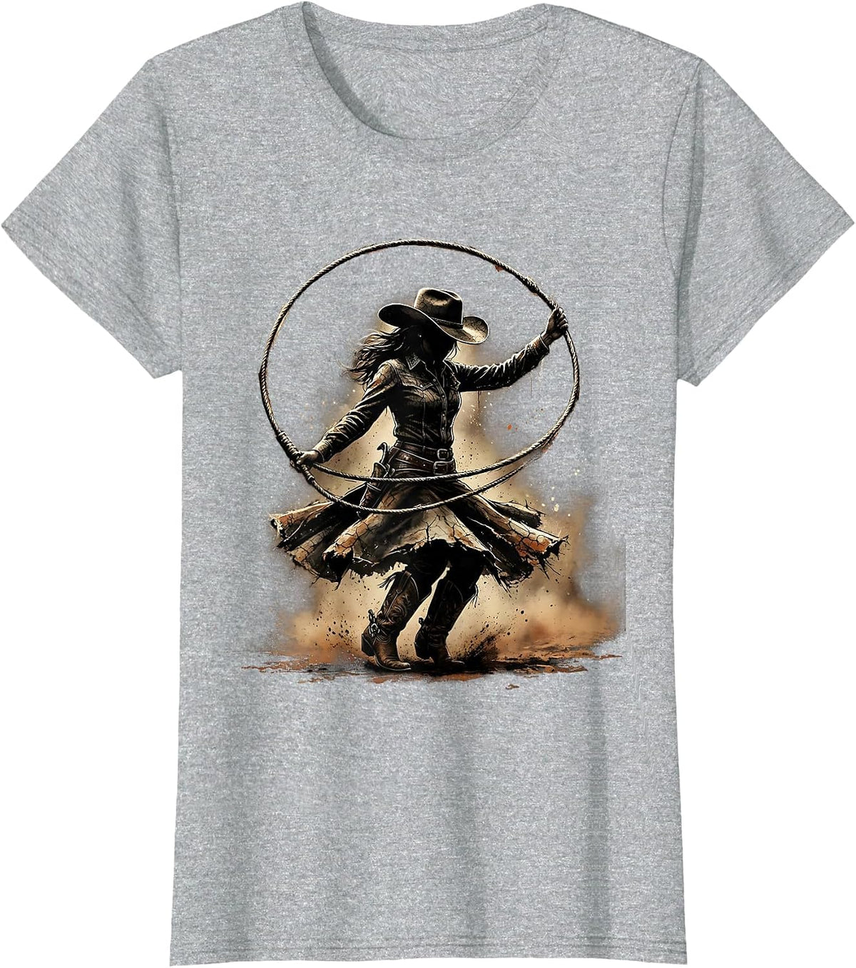 Cowgirl Twirling Lasso Western Rodeo Graphic T-Shirt - Heather Grey