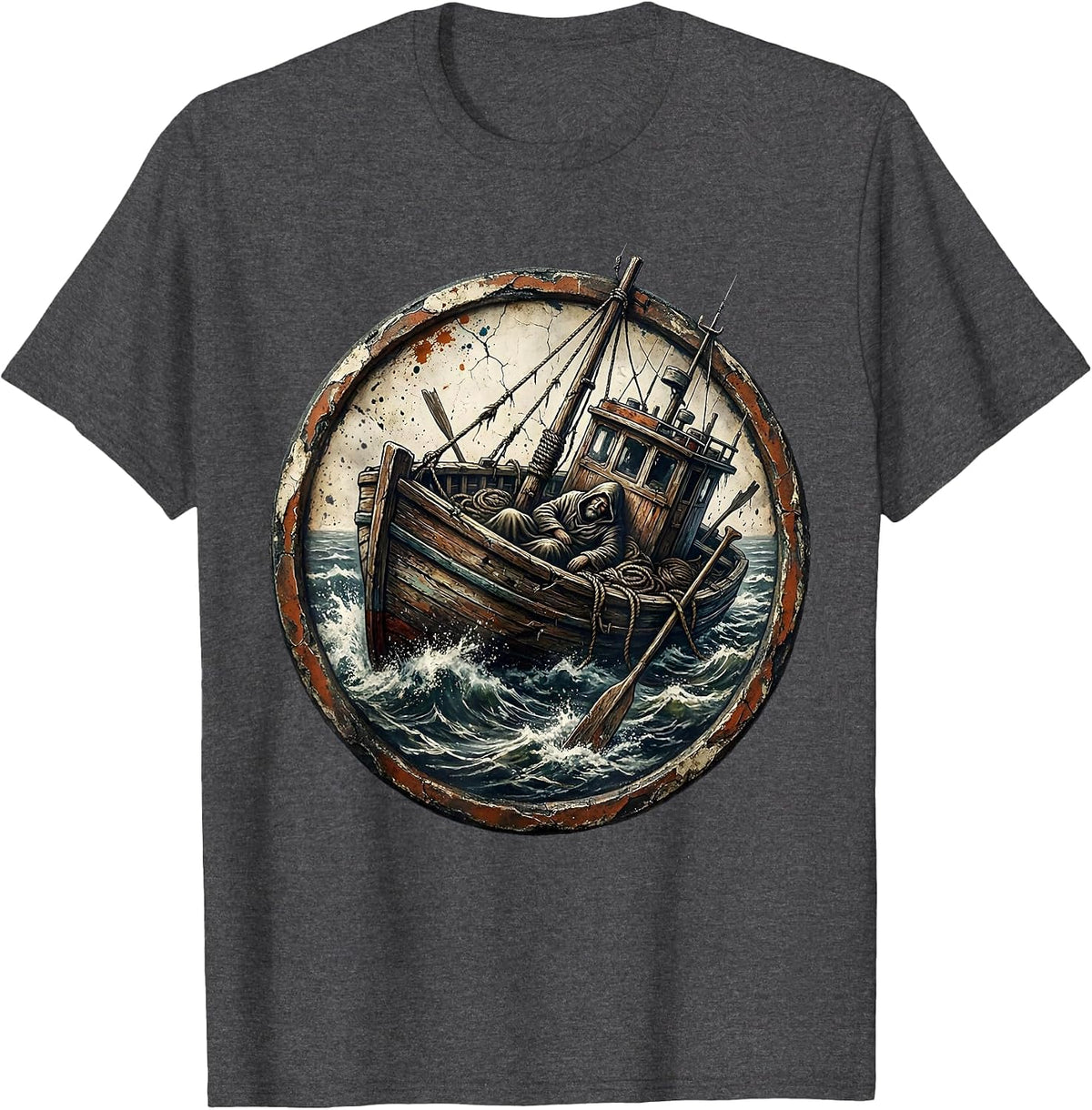 Jesus Sleeping in Storm-Tossed Boat Graphic T-Shirt - Dark Heather Grey