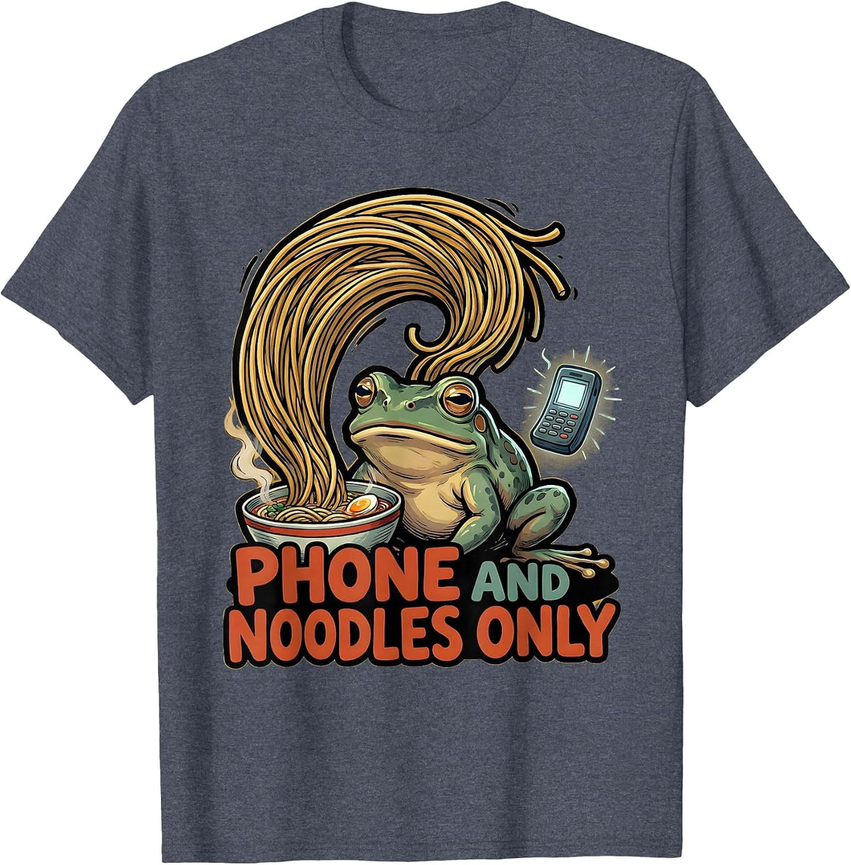 Phone And Noodles Only Funny Grumpy Frog Japanese Art Ramen T-Shirt - Heather Blue
