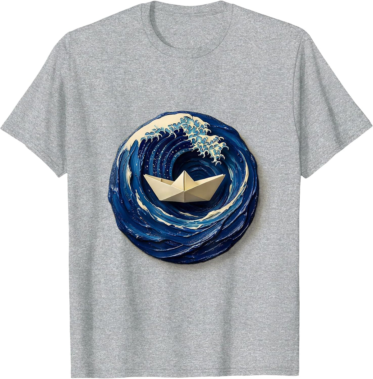 Men's Small Boat vs Massive Waves Nautical Art T-Shirt - Heather Grey