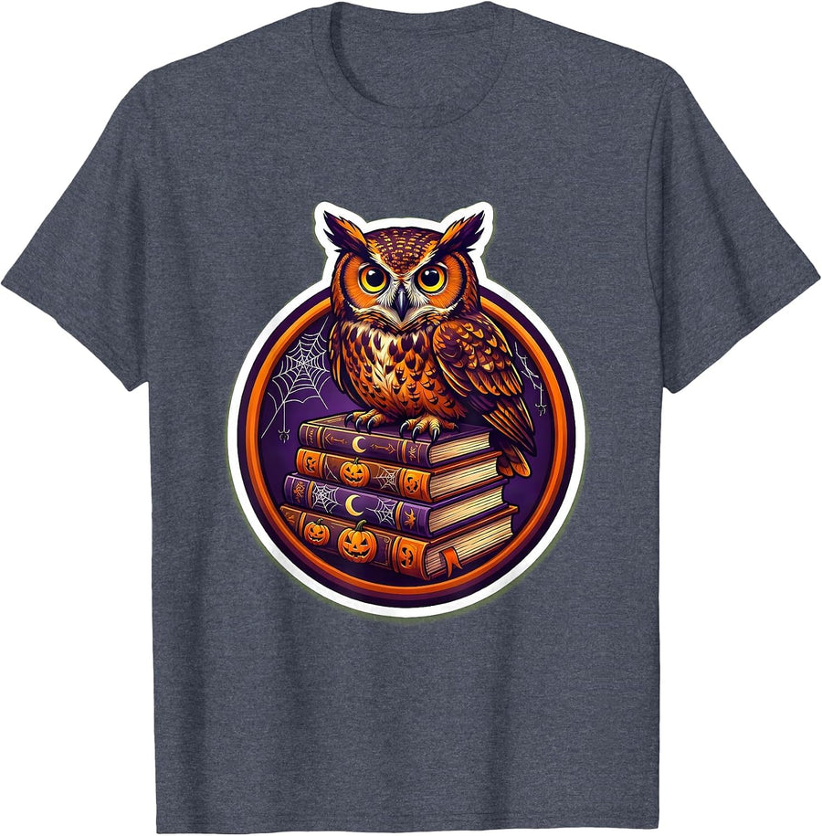 Halloween Teacher Owl on Spooky Stacked Books T-Shirt - Heather Blue