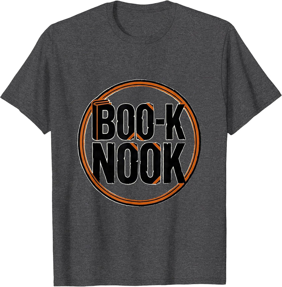 Men's Boo-k Nook Whimsical Teacher Halloween Pumpkin Emblem T-Shirt - Dark Heather Grey
