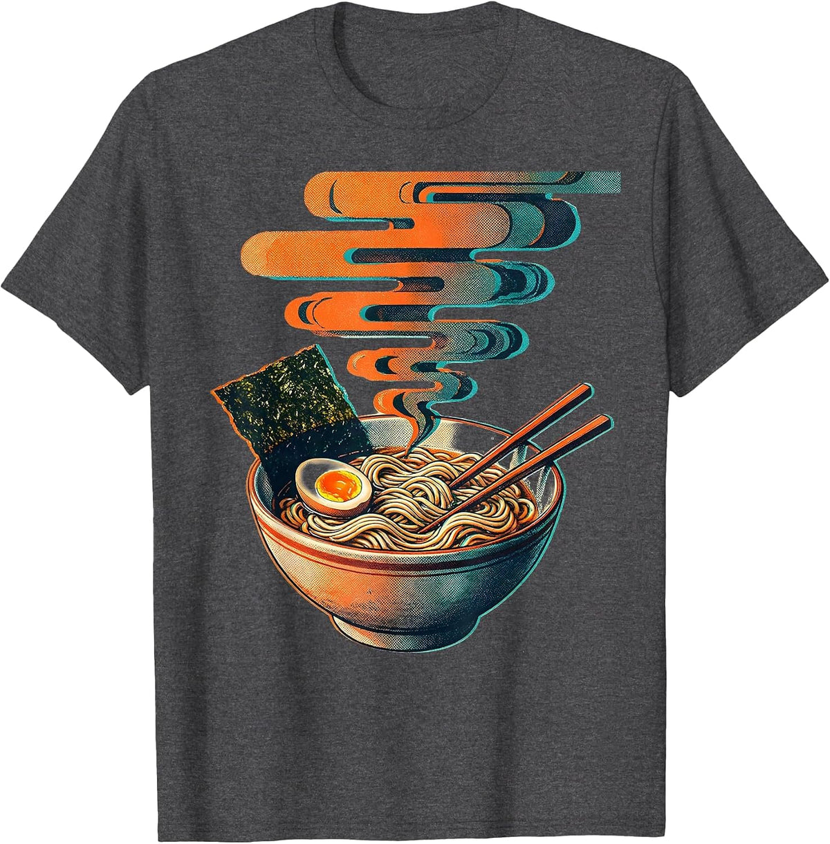 Men's Japanese Ramen Bowl Chopsticks Steam Illustration T-Shirt - Dark Heather Grey