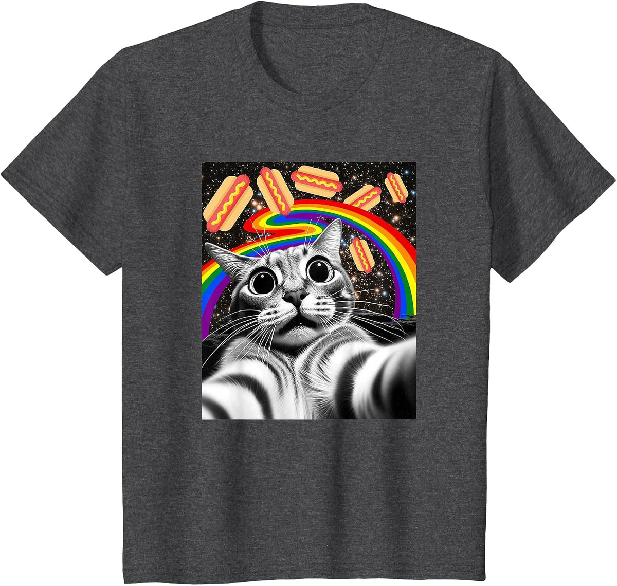 Funny Graphic Rainbow Hotdog UFOs Cosmic Space Selfie Cat T-Shirt - Dark Heather Grey