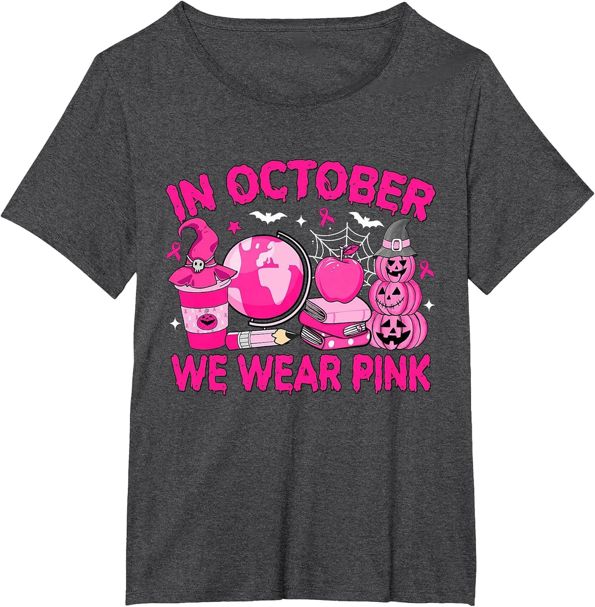 in October We Wear Pink Breast Cancer Awareness Teacher T-Shirt - Dark Heather Grey