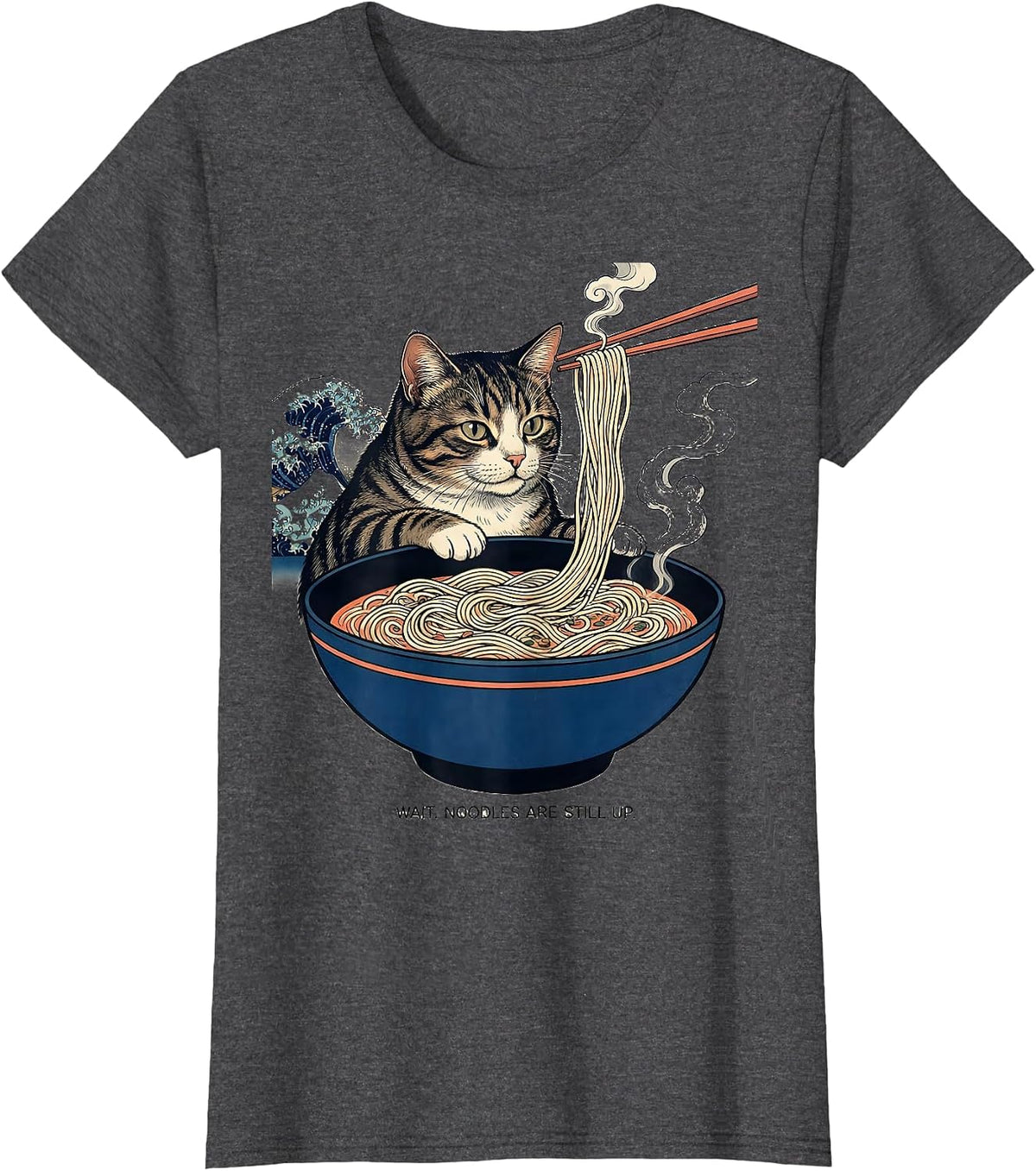 Women's Wait. Noodles Are Still Up Kawaii Cat Anime Ramen Humor T-Shirt - Dark Heather Grey