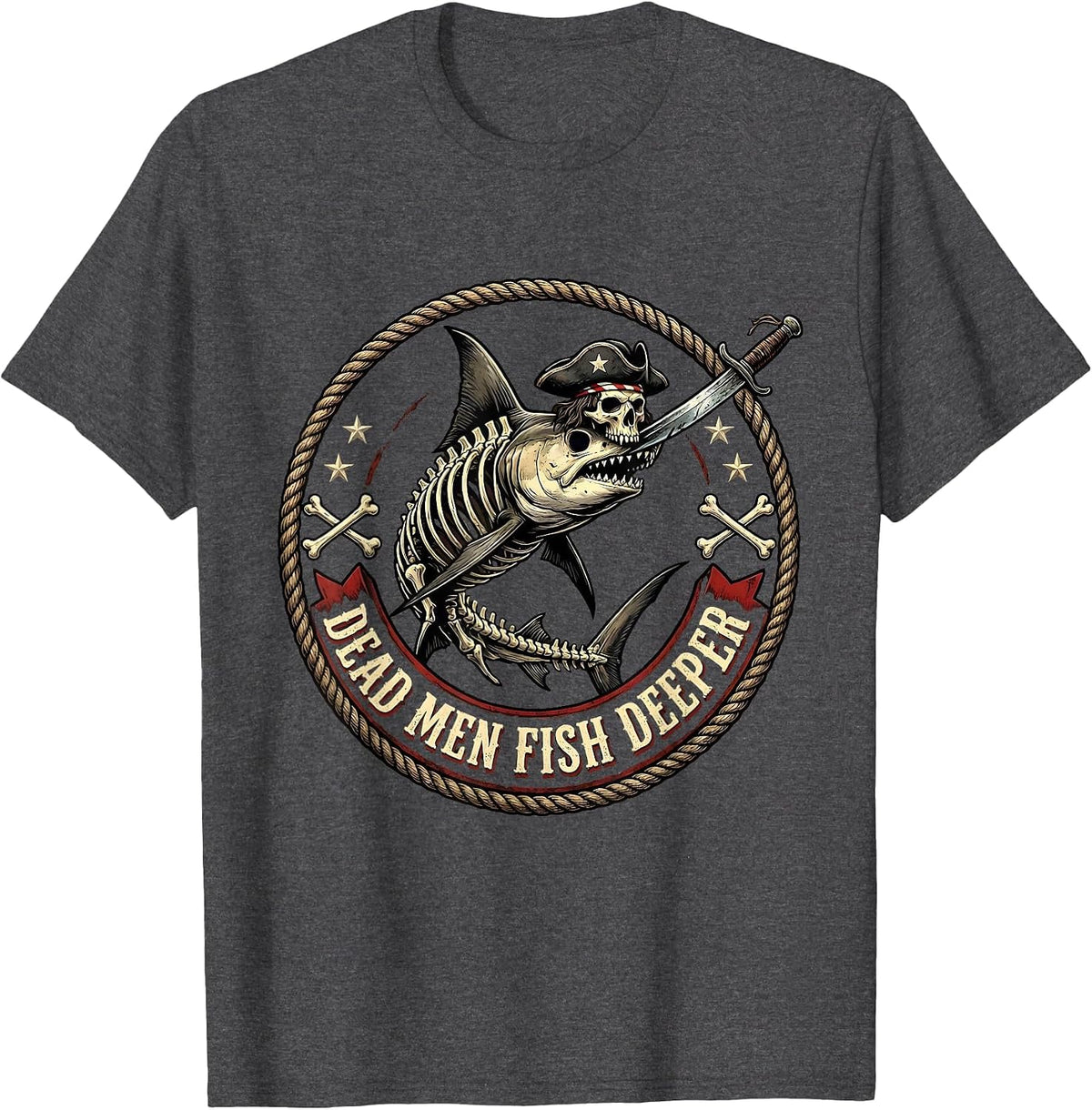 Men's Halloween Pirate Swordfish Skeleton Design T-Shirt - Dark Heather Grey