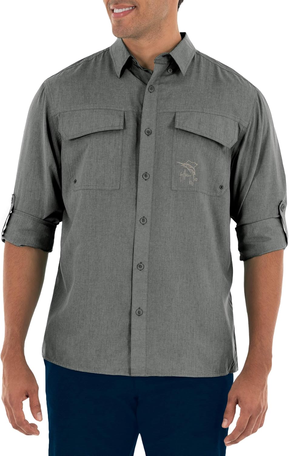 Guy Harvey Men's Long Sleeve Harbor Heather Performance Fishing Shirt - Charcoal