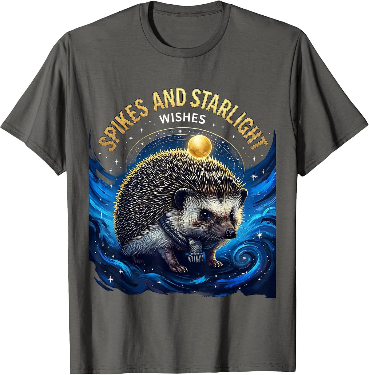 Men's Spikes And Starlight Wishes Cosmic Hedgehog Van Gogh Parody T-Shirt - Asphalt Grey