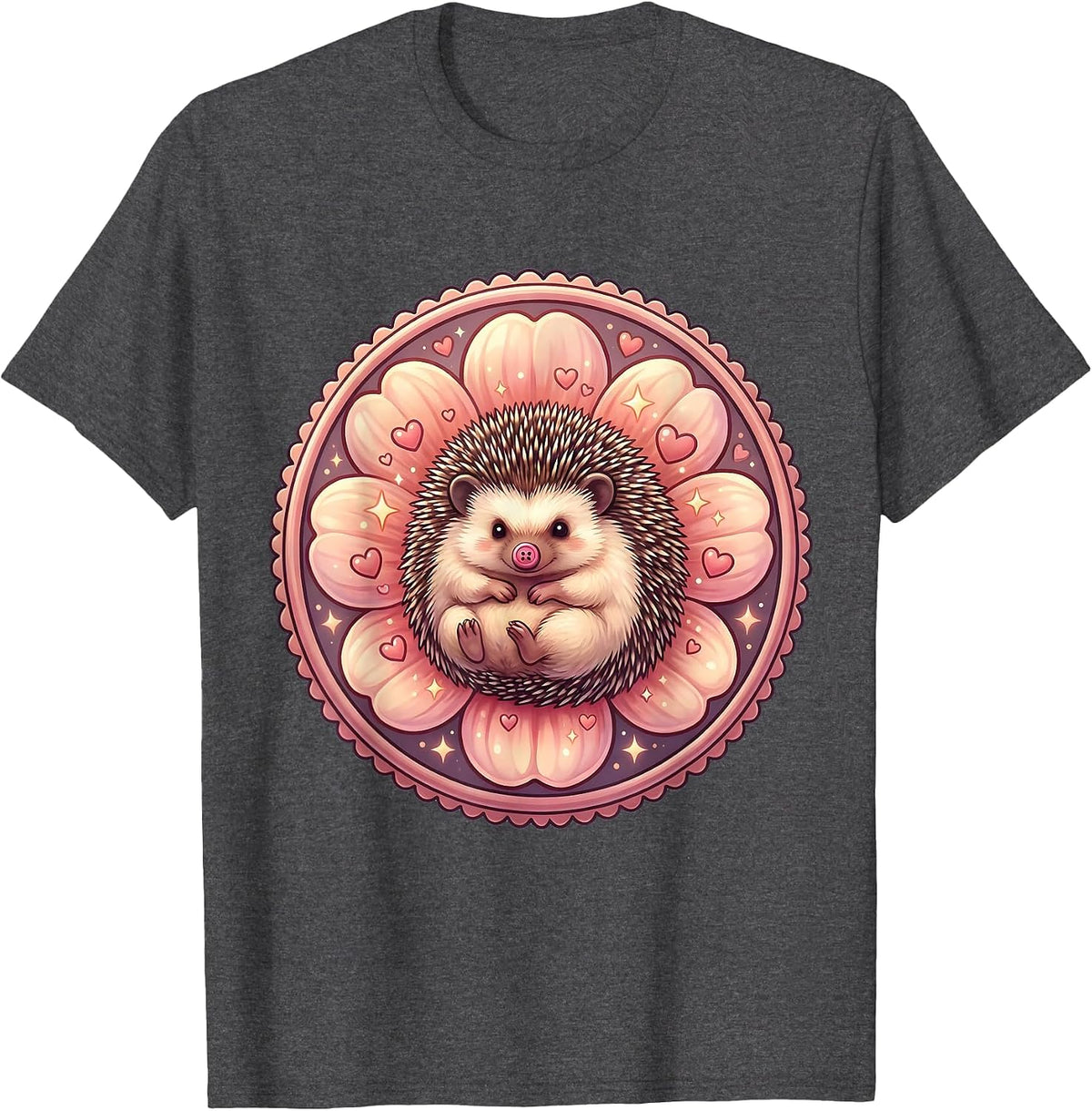 Kawaii Hedgehog in a Flower Bloom Cute Nature Art T-Shirt - Dark Heather Grey