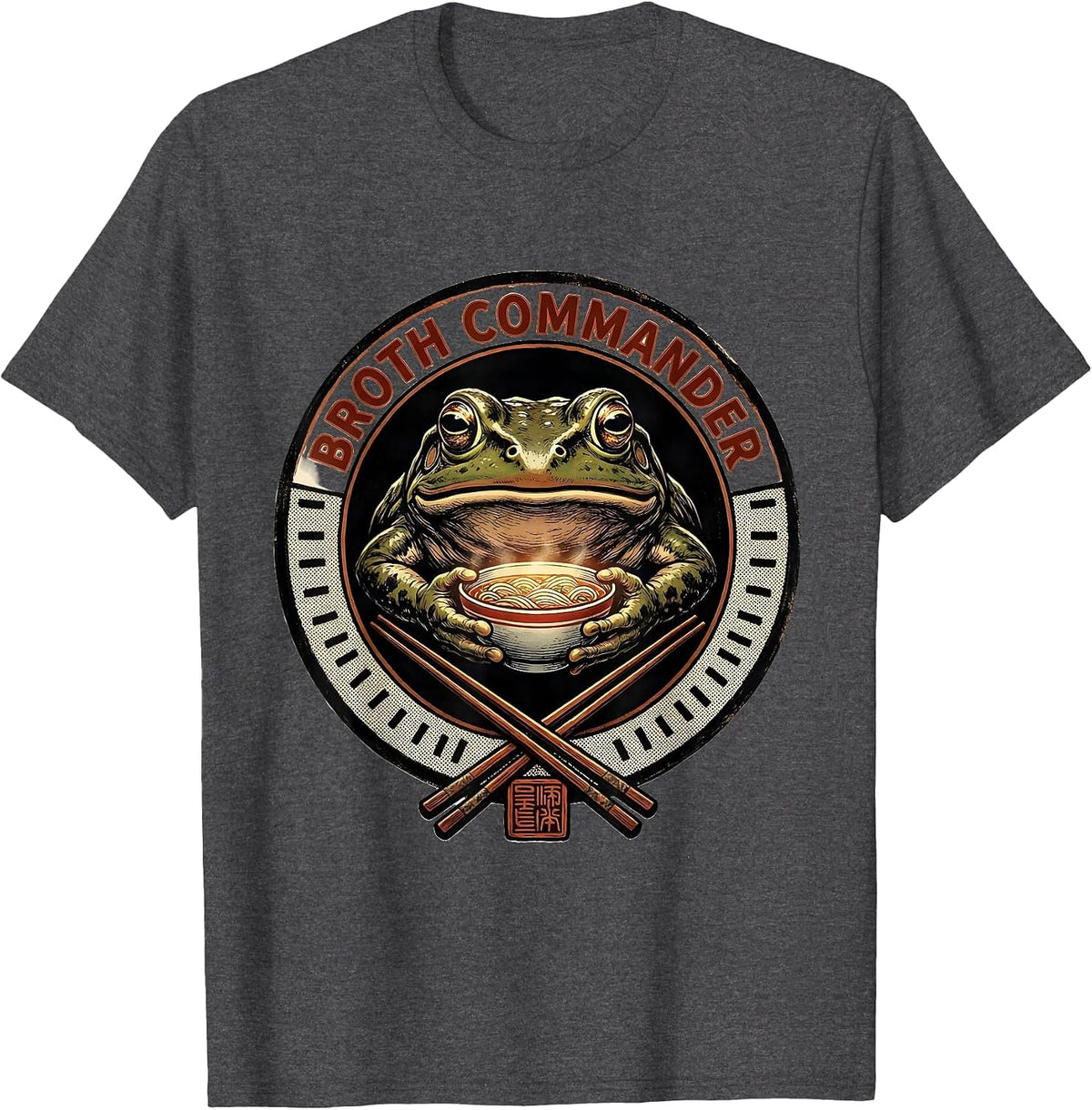 Men's Broth Commander Grumpy Frog Ukiyo-e Ramen Humor Anime Art T-Shirt - Dark Heather Grey