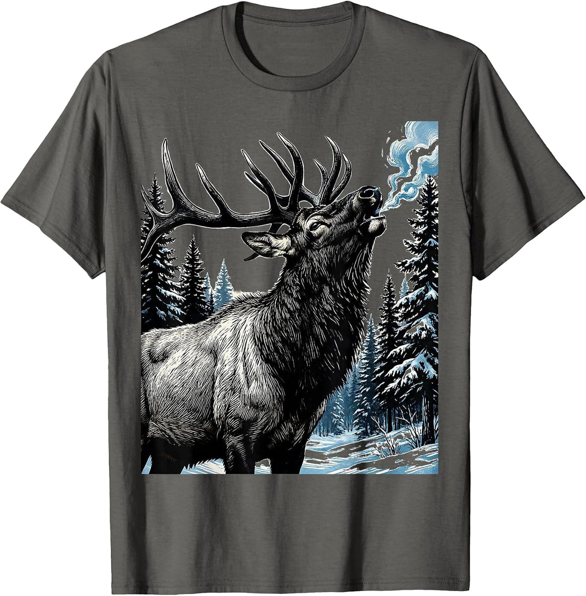 Elk Bugling in Snowy Pine Forest Illustration T-Shirt - Asphalt Grey