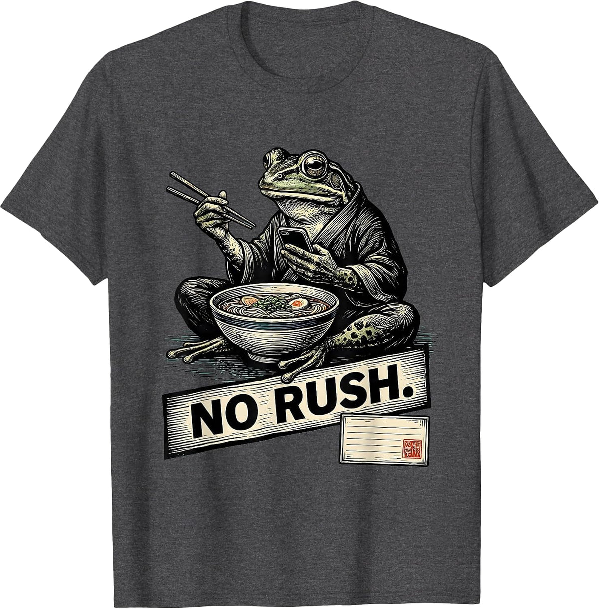 No Rush Funny Grumpy Frog Eat Ramen and Scroll Phone T-Shirt - Dark Heather Grey