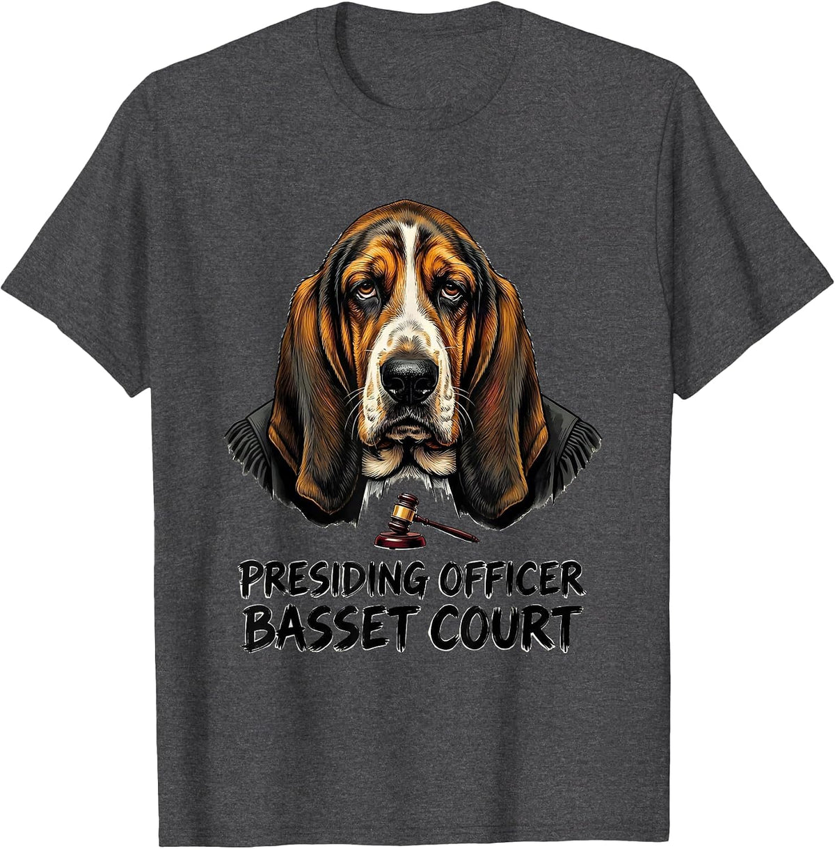 Men's Presiding Officer Basset Court Funny Dog Meme Breed Humor T-Shirt - Dark Heather Grey