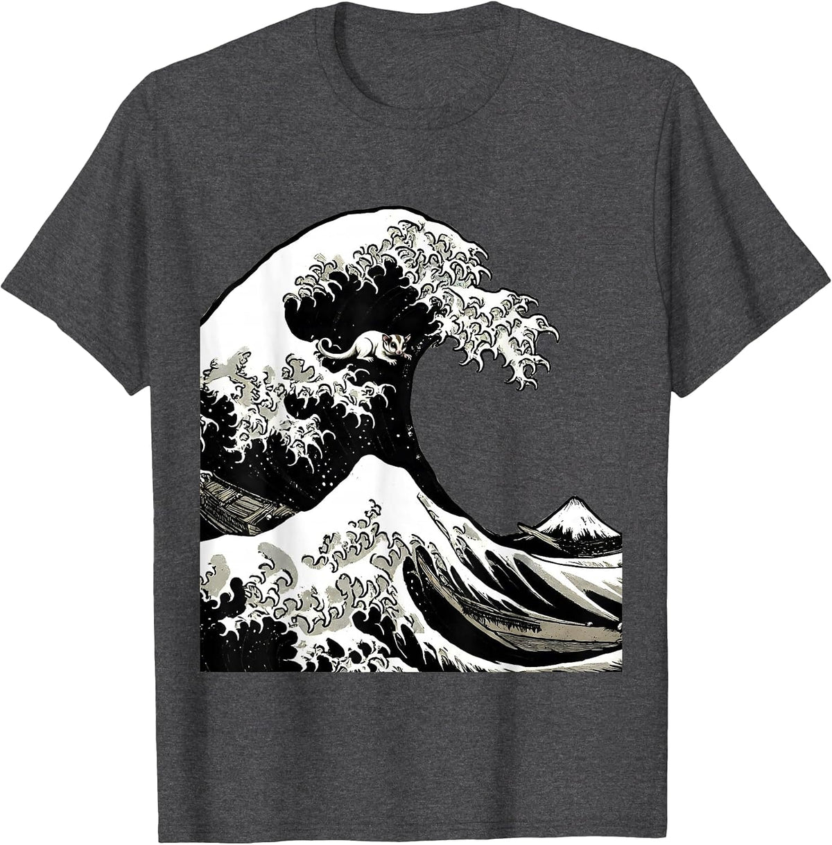 Men's Great Wave Kanagawa Sugar Glider Scratchboard Humor Animal T-Shirt - Dark Heather Grey