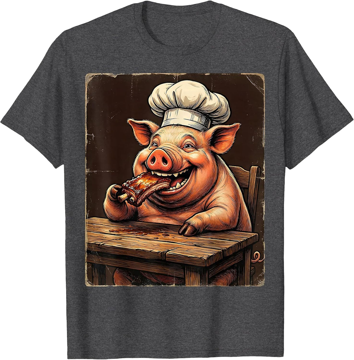 Men's Funny Pig Chef Eating Ribs BBQ Humor Graphic T-Shirt - Dark Heather Grey