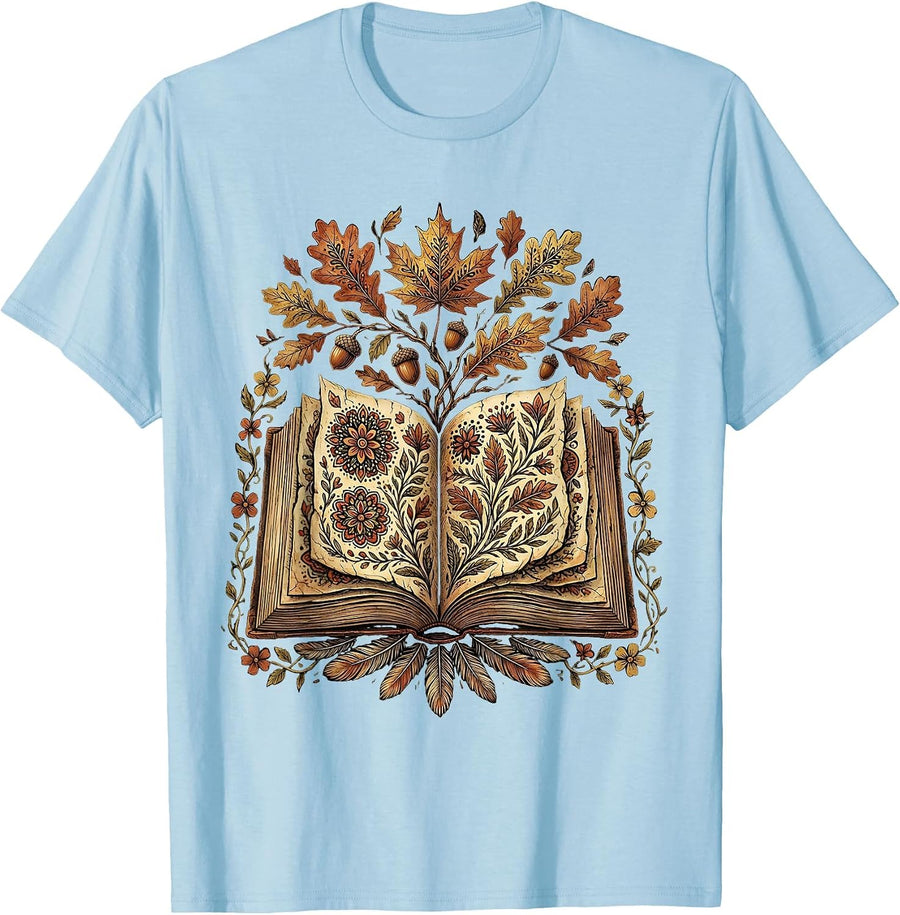 Men's Teacher Fall Open Book Leaves Illustration T-Shirt - Baby Blue