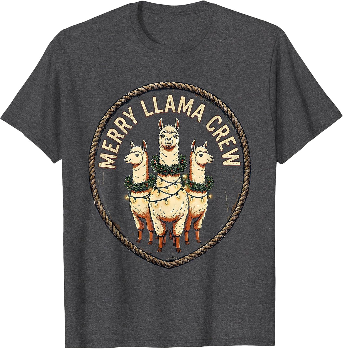 Merry Llama Crew Vintage Funny Llama Lover Christmas T-Shirt - Dark Heather Grey
