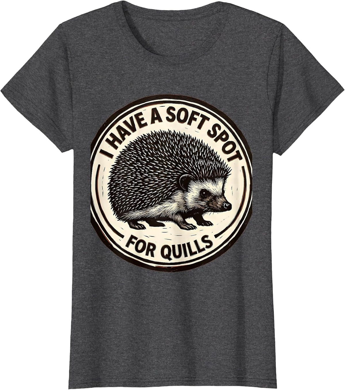 Women's I Have A Soft Spot For Quills Cute Hedgehog Lover Linocut T-Shirt - Dark Heather Grey