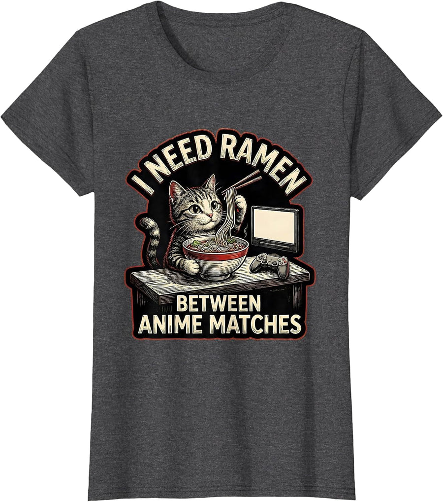 Women's I Need Ramen Between Anime Matches Kawaii Cat Anime Gamer T-Shirt - Dark Heather Grey