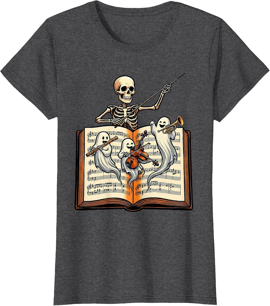 Women's Oversized Music Lesson Book Ghost Band Halloween Teacher T-Shirt - Dark Heather Grey