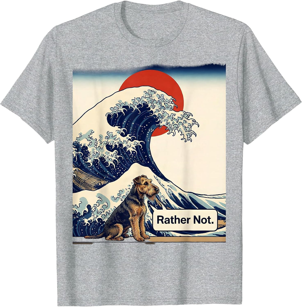 Men's Rather Not Ukiyo-e Airedale Terrier Surfing Great Wave T-Shirt - Heather Grey