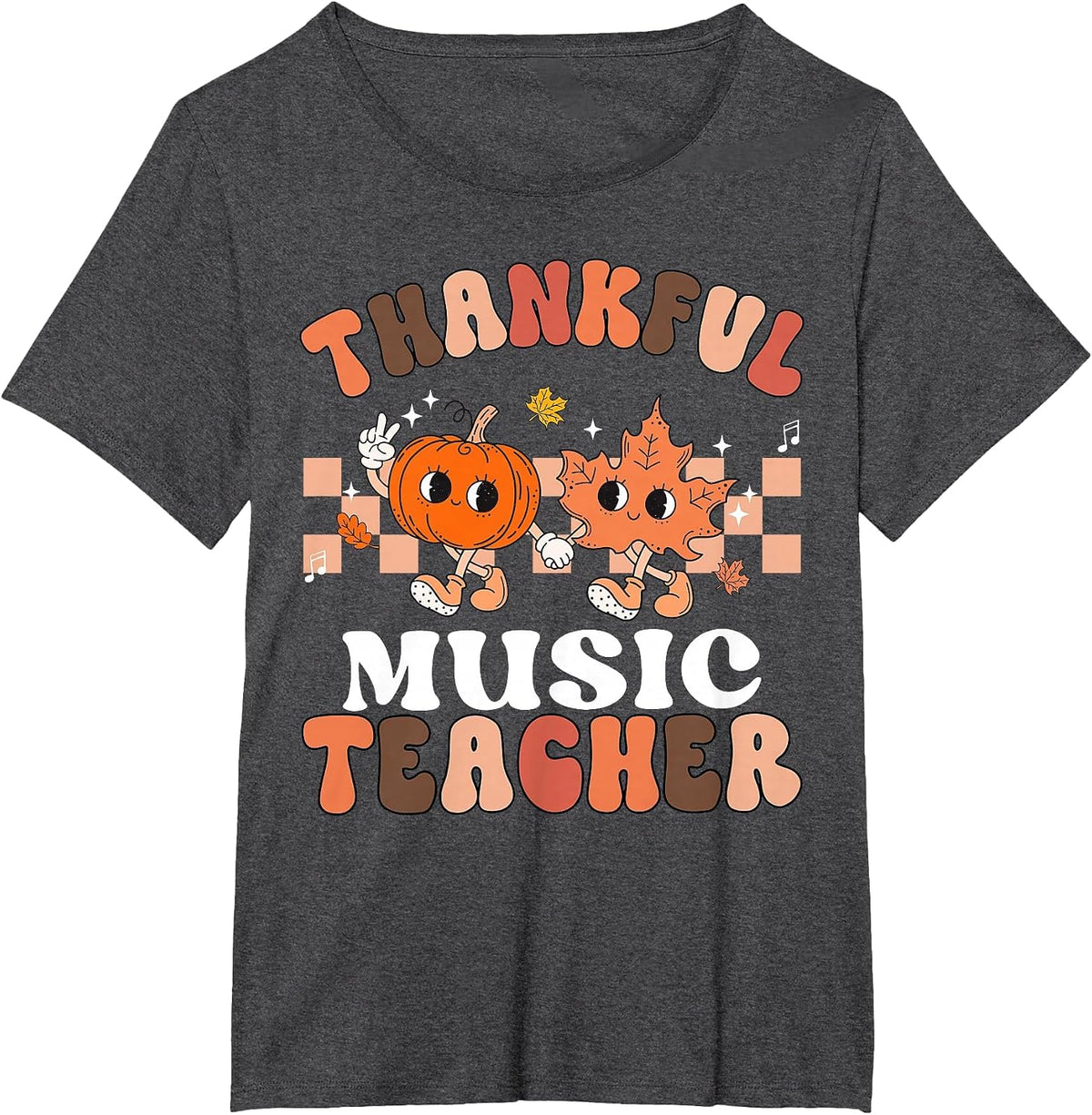 Retro Thankful Music Teacher Pumpkin Fall Thanksgiving T-Shirt - Dark Heather Grey