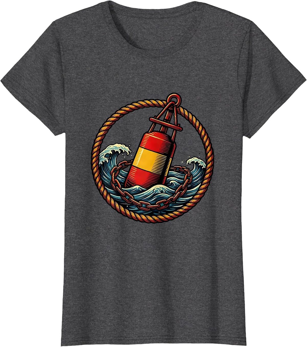 Women's Lone Buoy Ocean Illustration Navy Graphic T-Shirt - Dark Heather Grey