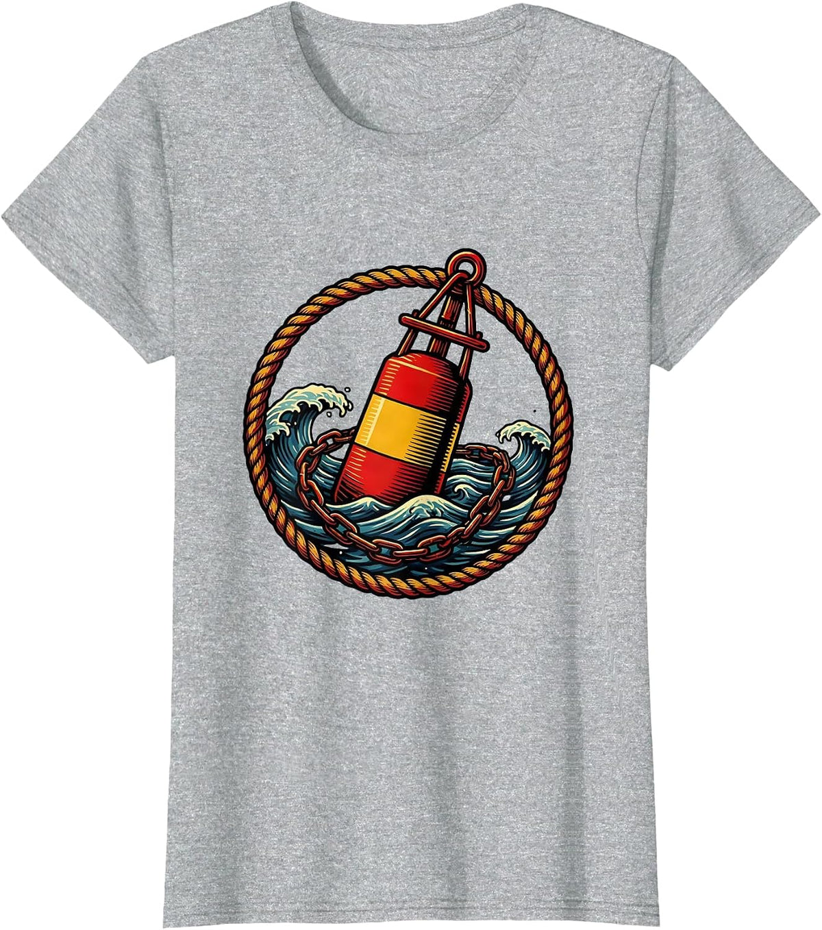 Women's Lone Buoy Ocean Illustration Navy Graphic T-Shirt - Heather Grey