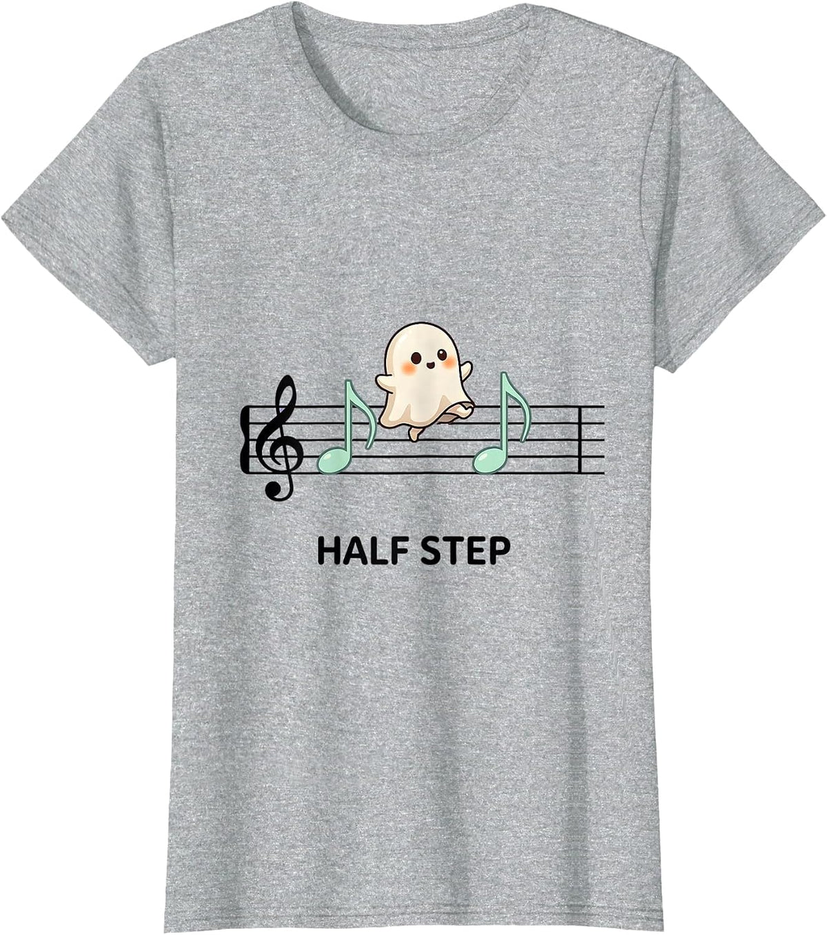 Half Step Cute Kawaii Ghost Music Teacher Halloween Humor T-Shirt - Heather Grey