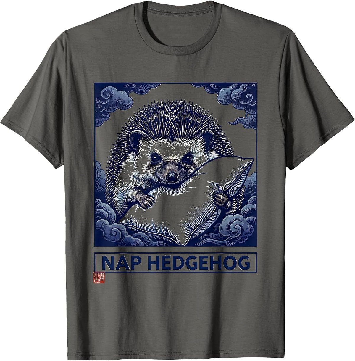 Men's Nap Hedgehog Ukiyo-e Japanese Pop Culture Animal Mashup T-Shirt - Asphalt Grey