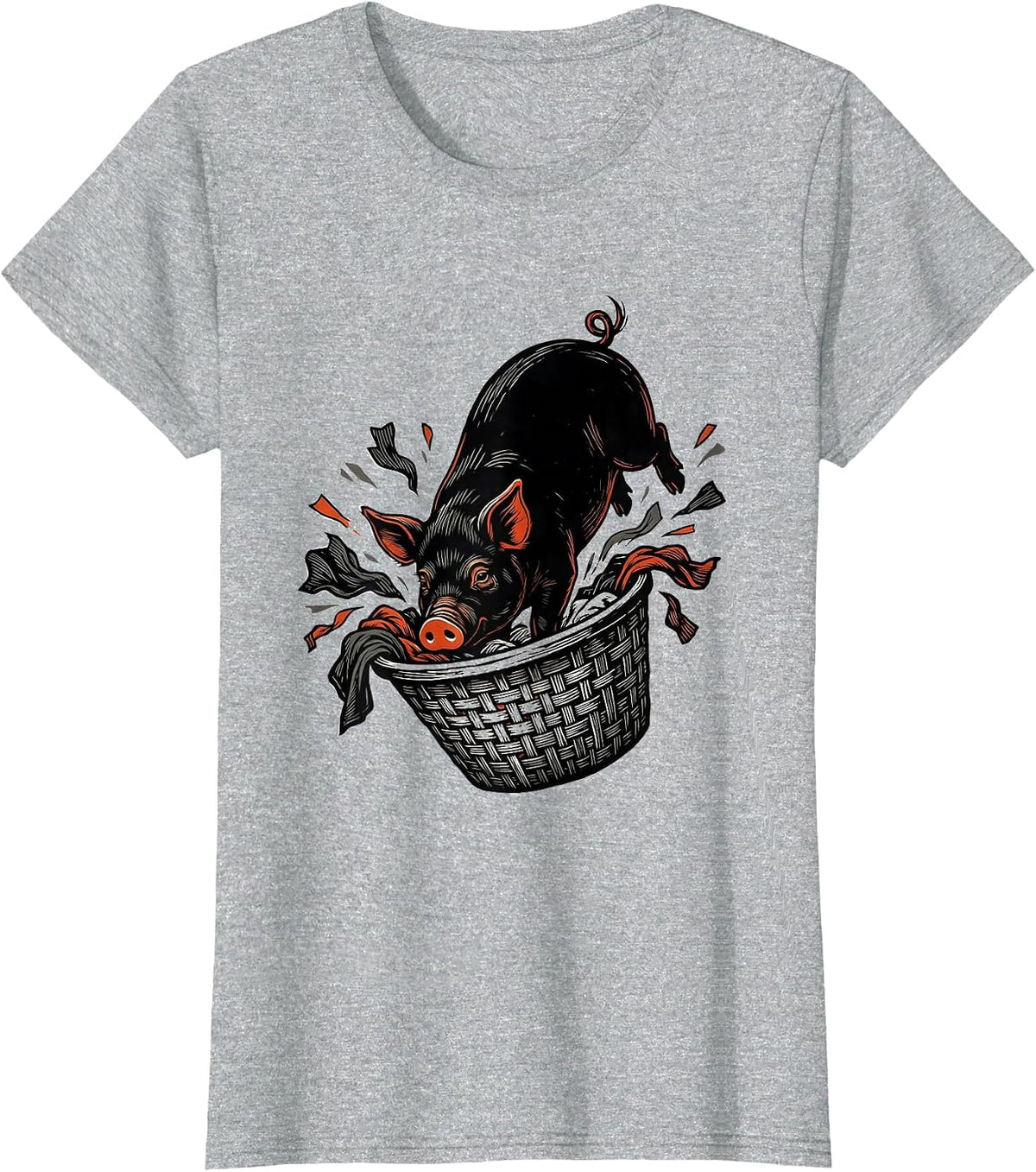 Pet Pig Rooting Through Laundry Basket Cute Animal Lover T-Shirt - Heather Grey