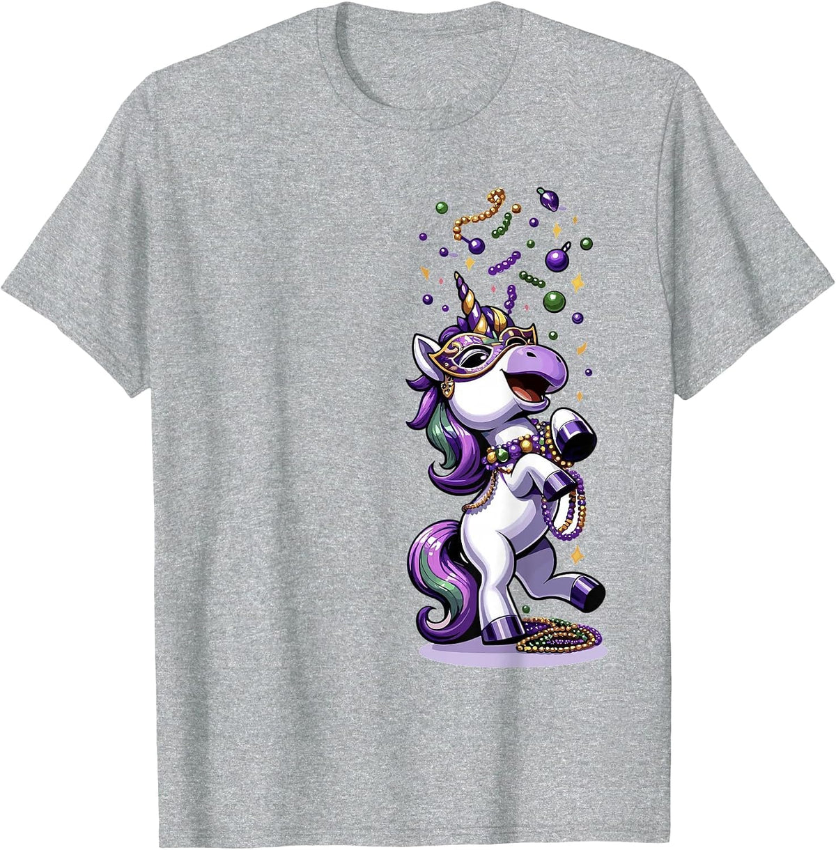 Festive Mardi Gras Unicorn T-Shirt - Heather Grey