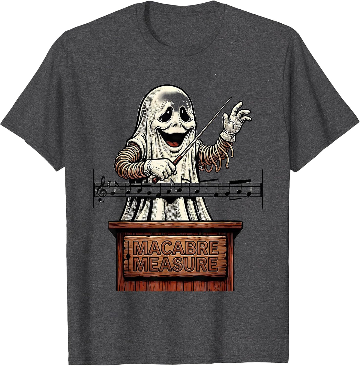 Men's Macabre Measure Retro Cartoon Ghost Music Teacher Halloween T-Shirt - Dark Heather Grey