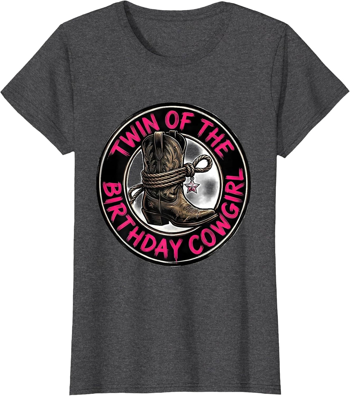 Women's Twin Of The Birthday Cowgirl Western Rodeo Cowgirl Badge T-Shirt - Dark Heather Grey