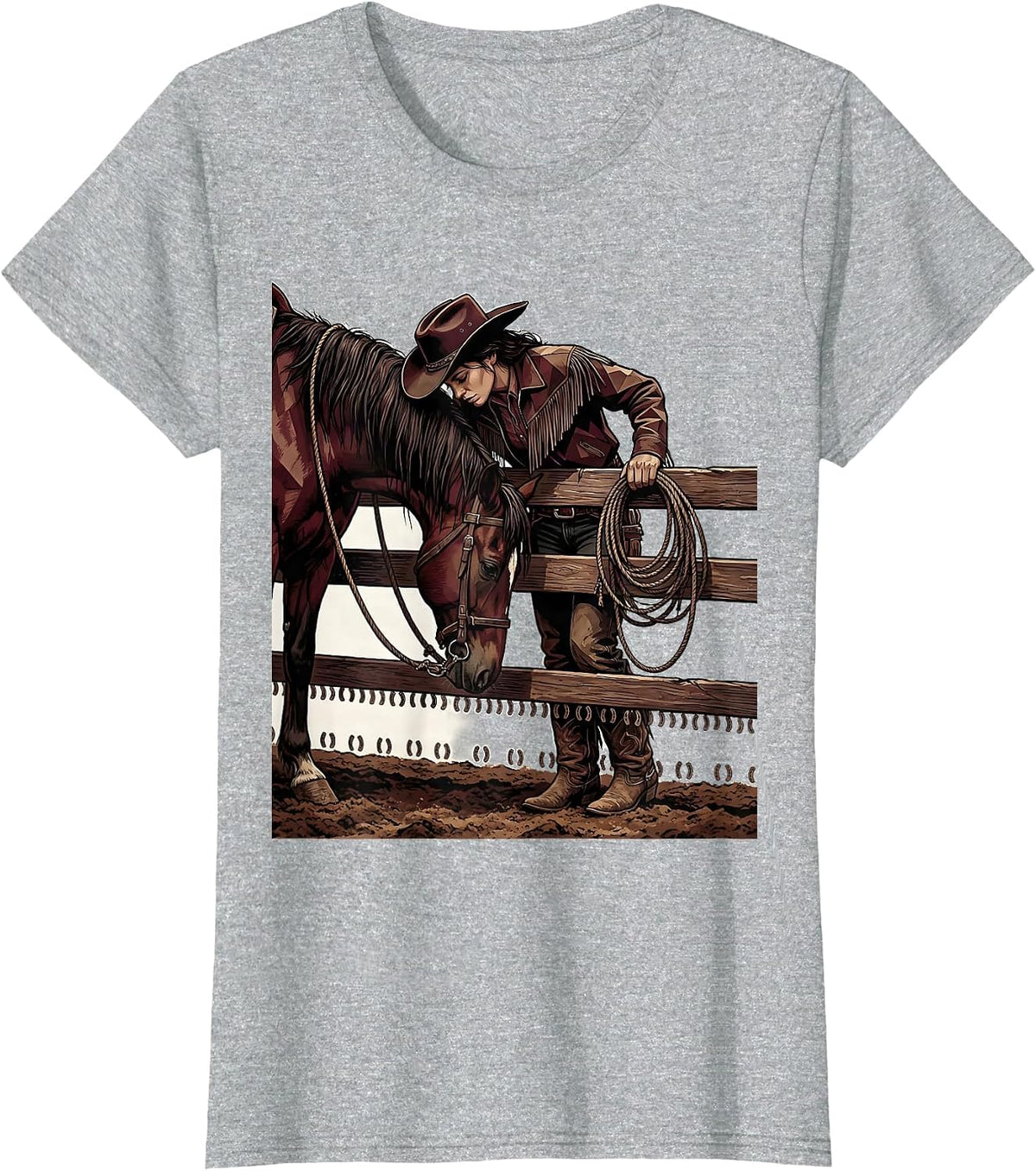 Women's Black Cowgirl Horse Rodeo Pride Western Pride Illustration T-Shirt - Heather Grey