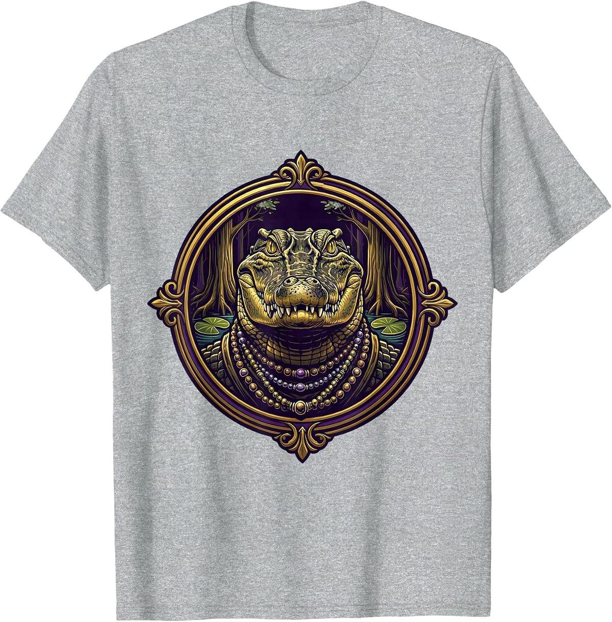 Men's Mardi Gras Alligator Beaded Necklaces Swamp Design T-Shirt - Heather Grey