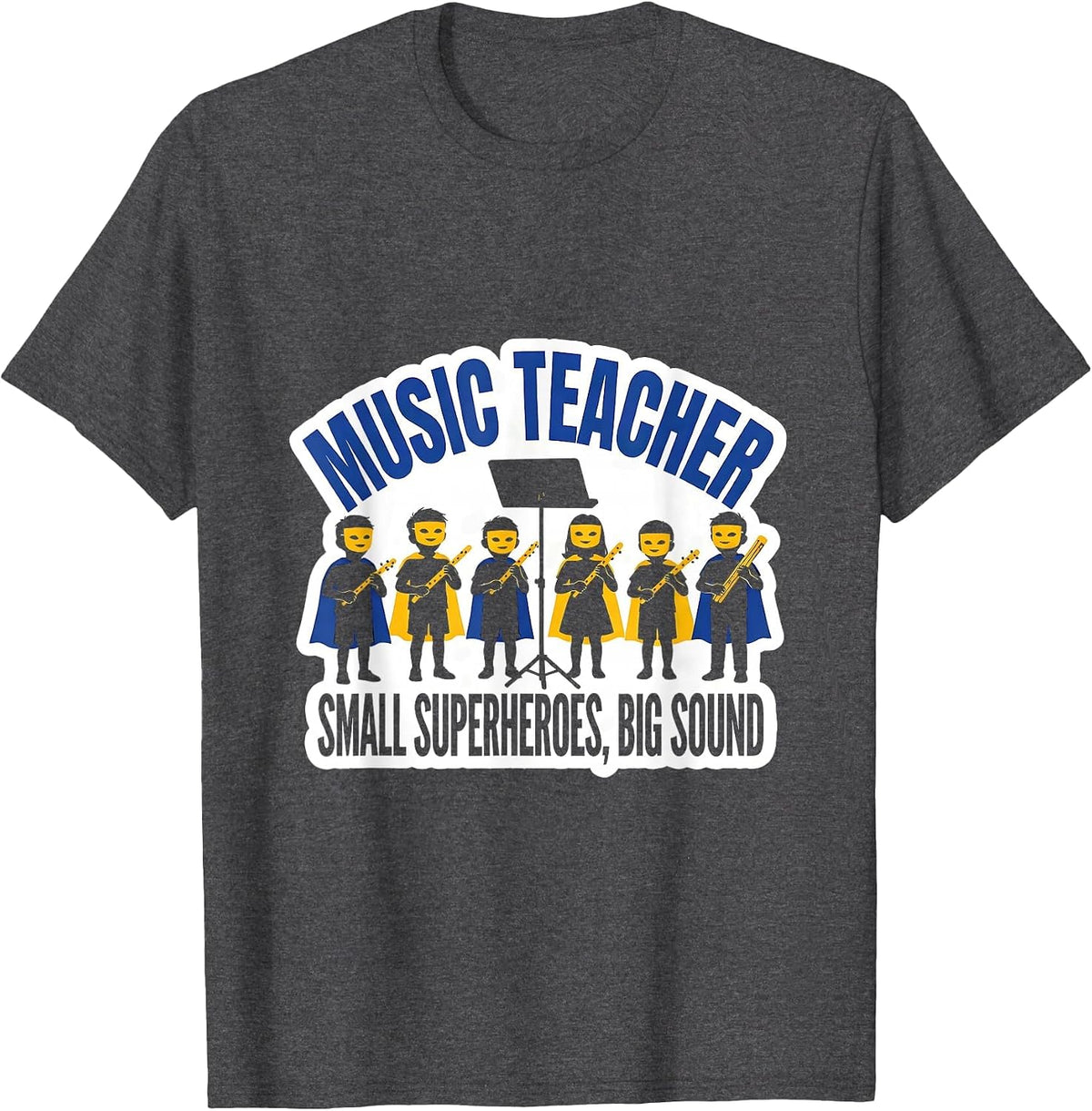 Men's Music Teacher Small Superheroes Big Sound Teacher T-Shirt - Dark Heather Grey