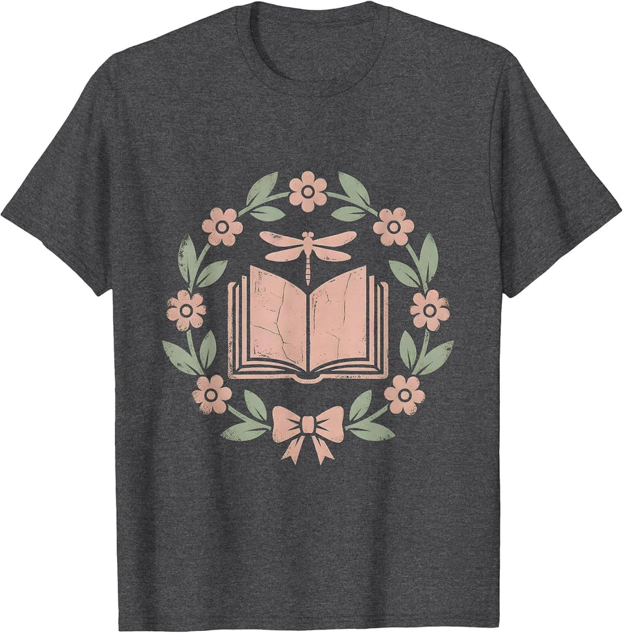 Men's Floral Wreath Open Book Illustration T-Shirt - Dark Heather Grey